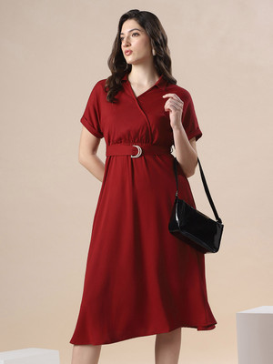 Globus Women Fit and Flare Maroon Midi/Calf Length Dress