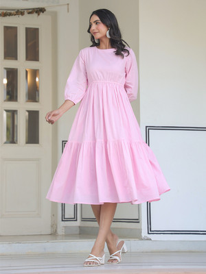 Janasya Women Tiered Pink Midi/Calf Length Dress