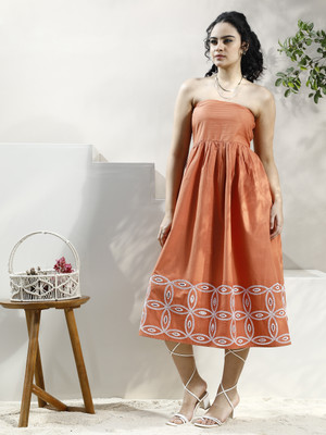 ATHENA Women Fit and Flare Orange Midi/Calf Length Dress