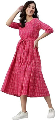ARJJRA Women Fit and Flare Pink Above Knee/Mid Thigh Length Dress