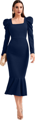 TESSAVEGAS Women Bodycon Dark Blue Midi/Calf Length Dress