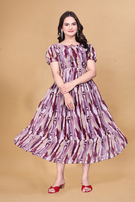 Qena Women Fit and Flare Purple Midi/Calf Length Dress