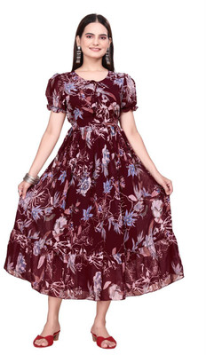 GROMint Women Fit and Flare Maroon Maxi/Full Length Dress