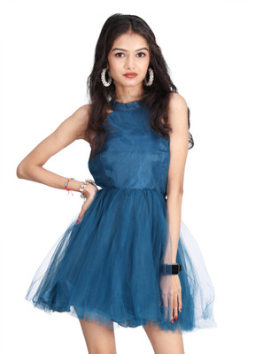 KIYOO Women Fit and Flare Blue Knee Length Dress