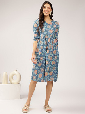 ANOUK Women Fit and Flare Blue Midi/Calf Length Dress