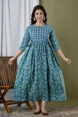 Pakija gold print Women A-line Light Blue, Green Midi/Calf Length Dress