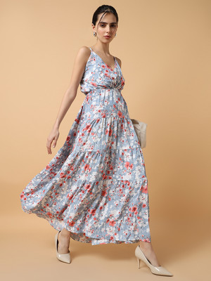 SHOWOFFFF Women Fit and Flare Blue Maxi/Full Length Dress