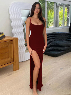 Traquila Women Bodycon Maroon Maxi/Full Length Dress