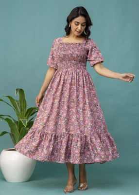 fantasy fab Women Fit and Flare Pink Midi/Calf Length Dress