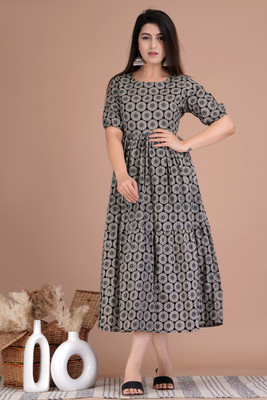 TEESHA Women A-line Black, Grey Midi/Calf Length Dress