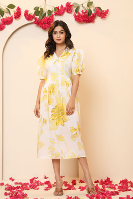 Jaipuri Bunaai Women Fit and Flare Grey Midi/Calf Length Dress