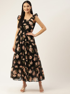 Deewa Women Fit and Flare Black Maxi/Full Length Dress