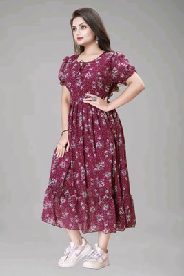 QVAZOR Women Maxi Maroon Full Length Dress