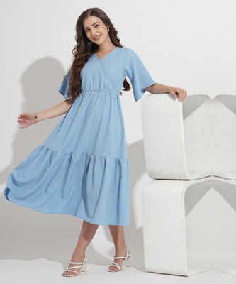 FashFun Women Fit and Flare Light Blue Midi/Calf Length Dress