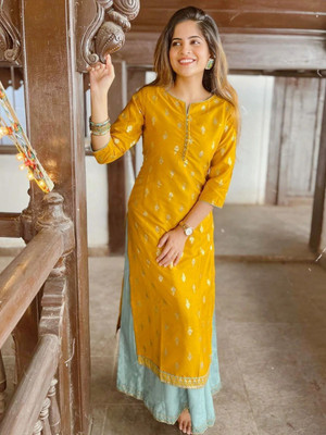 Janasya Women Ethnic Dress Yellow, Light Green Maxi/Full Length Dress