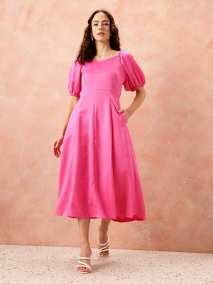 all about you Women A-line Pink Midi/Calf Length Dress