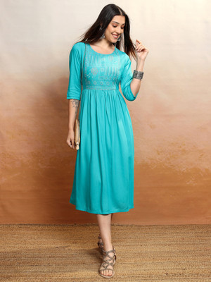 Vishudh Women A-line Blue Midi/Calf Length Dress