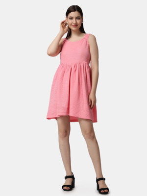 METRONAUT Women Fit and Flare Pink Above Knee/Mid Thigh Length Dress