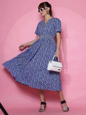 Seek By Sheetal Women Fit and Flare Blue, White Midi/Calf Length Dress