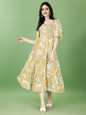 Deklook Women Printed Flared Kurta(Yellow)