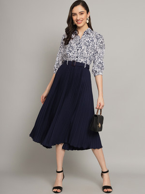 ZWERLON Women A-line Dark Blue Midi/Calf Length Dress