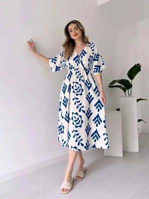 Fashion2wear Women Fit and Flare Blue, White Midi/Calf Length Dress