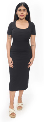 Komurr Women Bodycon Black Below Knee Dress