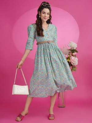 Ethnic junction Women A-line Light Blue Dress