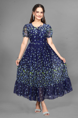 Bhadani Women Fit and Flare Blue Maxi/Full Length Dress