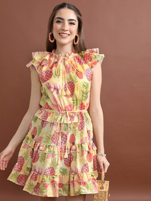 Vishudh Women Ruffled Multicolor Above Knee/Mid Thigh Length Dress