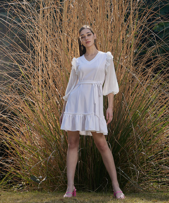 ATHENA Women A-line White Above Knee/Mid Thigh Length Dress