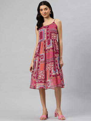 Cottinfab Women Fit and Flare Pink, Orange Knee Length Dress