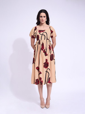 PURVAJA Women Fit and Flare Pink Midi/Calf Length Dress