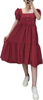 HouseOfCommon Women Fit and Flare Maroon Below Knee Dress
