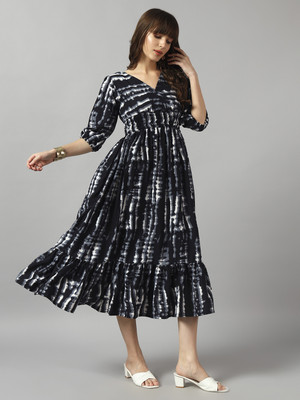 Krunal Raiyani Women Fit and Flare Black Midi/Calf Length Dress