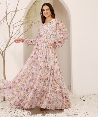 Miss Chase Women Gathered Pink Maxi/Full Length Dress