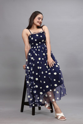 Maa Amar Women Fit and Flare Blue Maxi/Full Length Dress