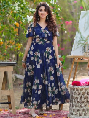 GROMint Women Fit and Flare Blue Maxi/Full Length Dress