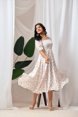 Dream Star Women Fit and Flare White Midi/Calf Length Dress