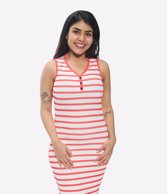 Komurr Women Bodycon White, Red Below Knee Dress