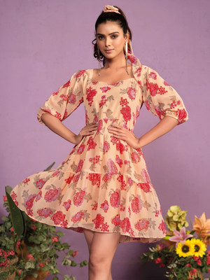 Youthnic Women Fit and Flare Pink Knee Length Dress