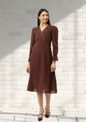 Moda Rapido Women Fit and Flare Brown Midi/Calf Length Dress
