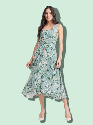 KAUTAQII Women Ethnic Dress Green Midi/Calf Length Dress
