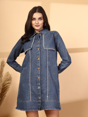 PLUSS Women A-line Blue Above Knee/Mid Thigh Length Dress