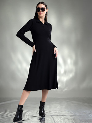 KOTTY Women Fit and Flare Black Midi/Calf Length Dress