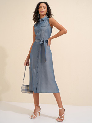 Tokyo Talkies Women Fit and Flare Blue Midi/Calf Length Dress