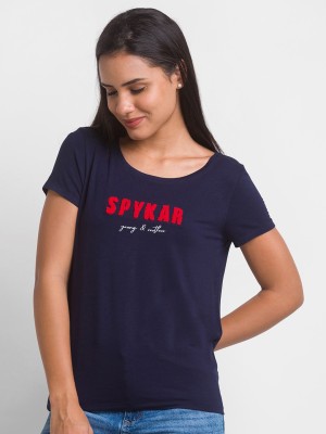 Spykar Typography Women Round Neck Blue T-Shirt