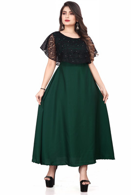 LEZLY Women A-line Dark Green Maxi/Full Length Dress