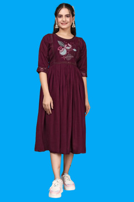 DICHIKA enterprise Women Fit and Flare Maroon Midi/Calf Length Dress