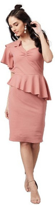 Mayffei Women Peplum Pink Midi/Calf Length Dress